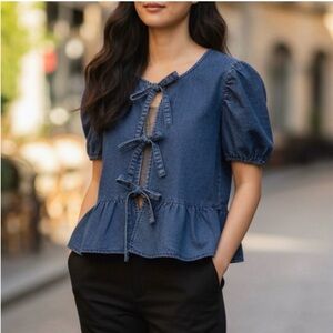 Womens Sim&Sam Dark Denim Three Tie-up Bell Sleeve T-shirt Size XL